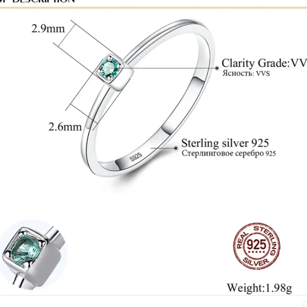 925 Silver Aqua Green Thin Ring Size 6 NWT
